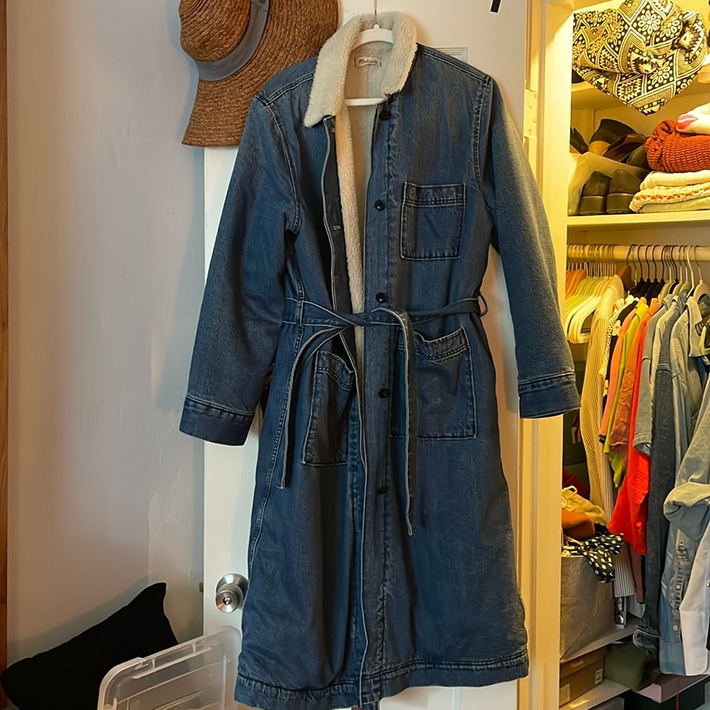 Madewell Blue Denim Trench Coat with Shearling Collar